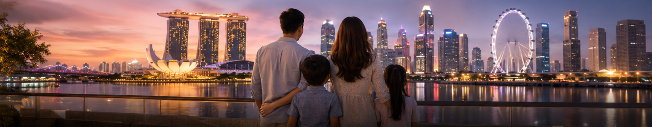 A family gazing at the Singapore Marina Bay skyline at dusk